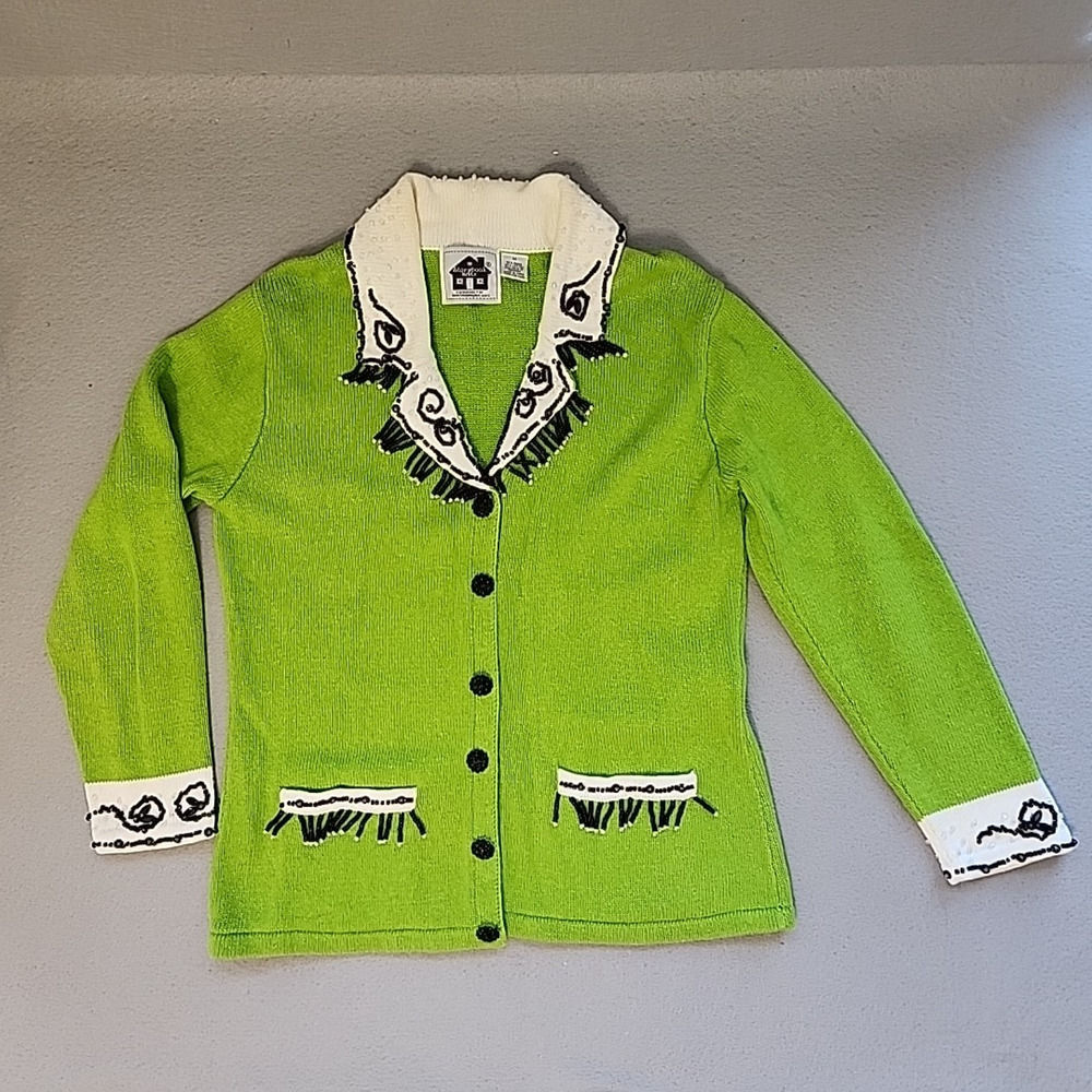 Storybook Knits M Cardigan Green‎ w/ Black Dangle Beads Swirling Glitter Grandma